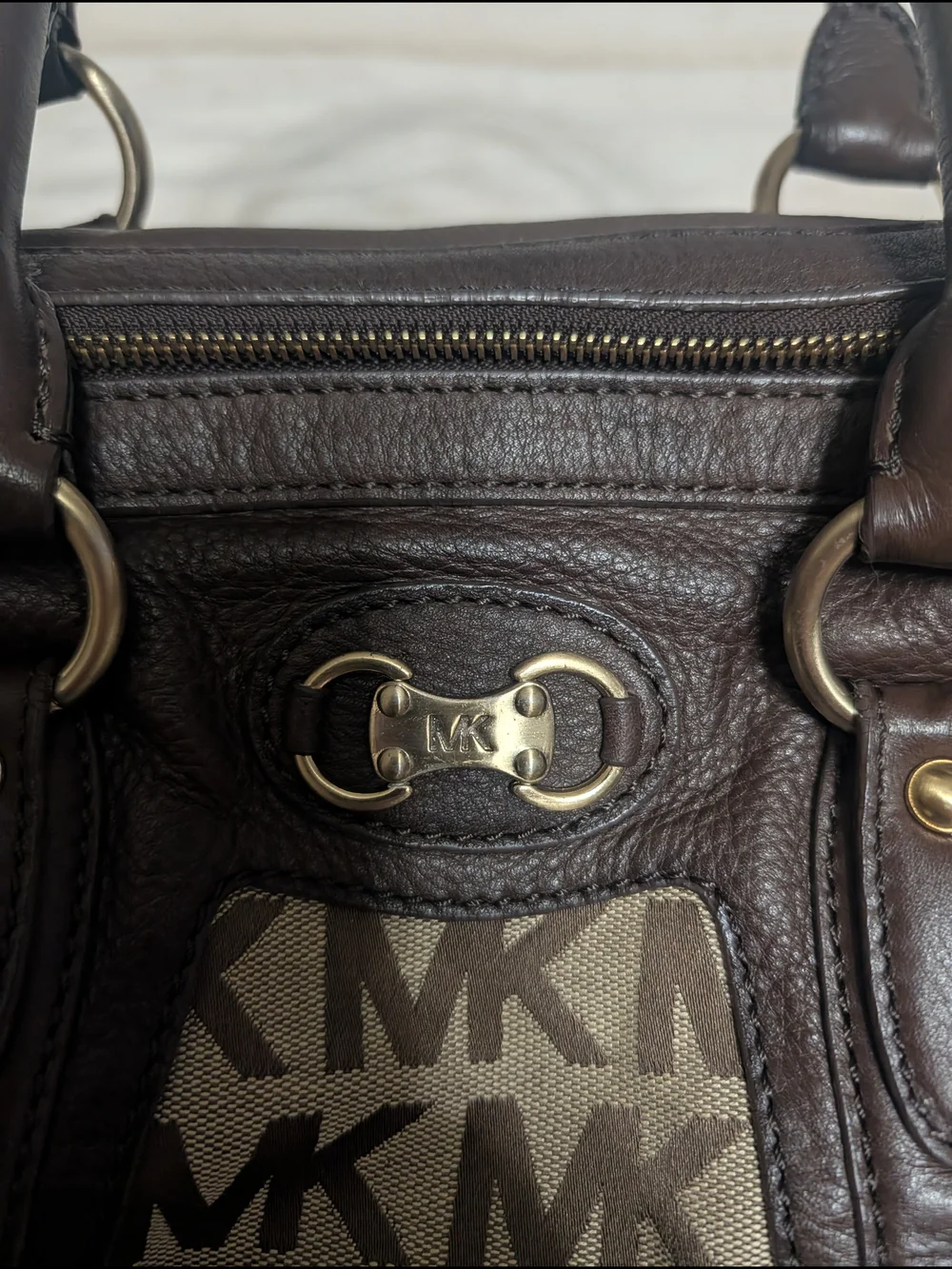 Michael Kors Brown and Tan MK Logo Gansevoot Satchel